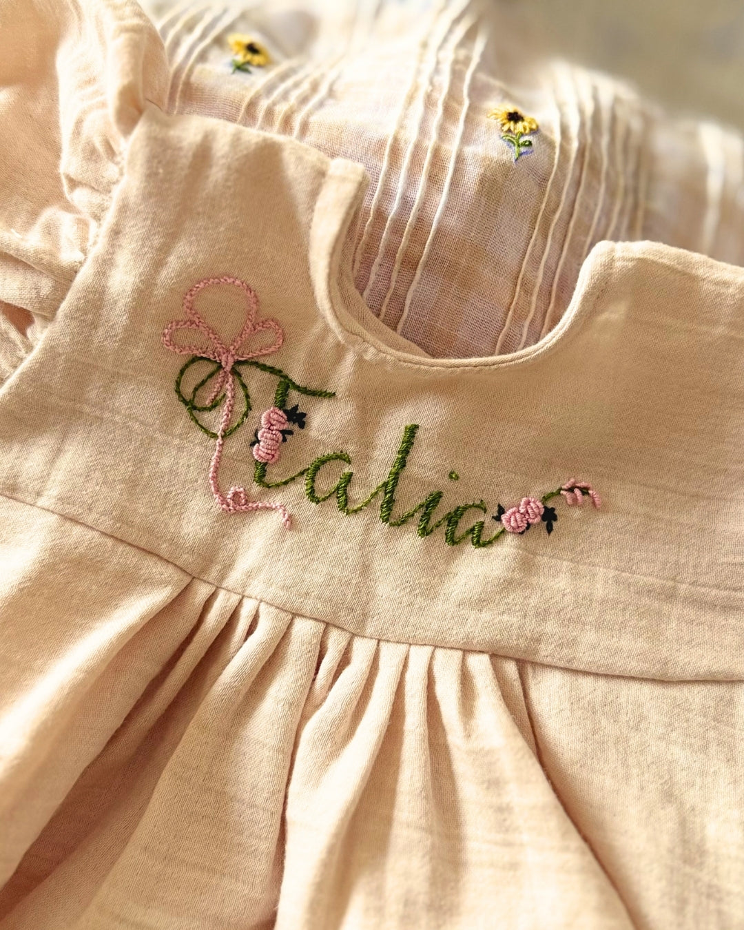 Beige Pink Hand-embroidered Custom Name Newborn Dress