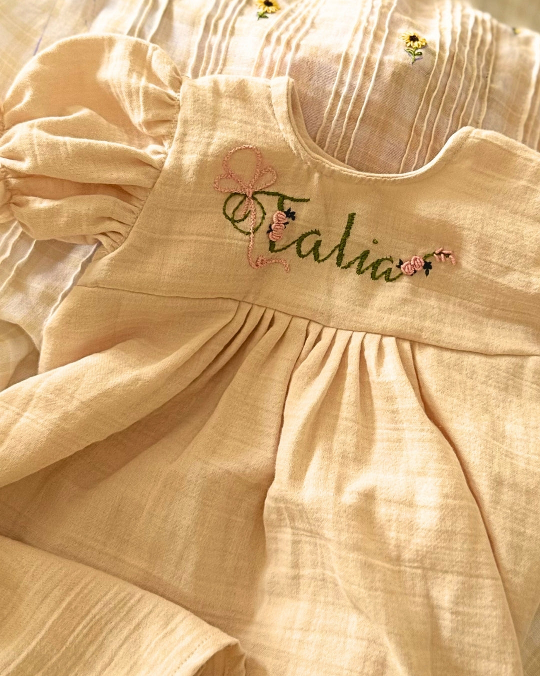 Beige Pink Hand-embroidered Custom Name Newborn Dress
