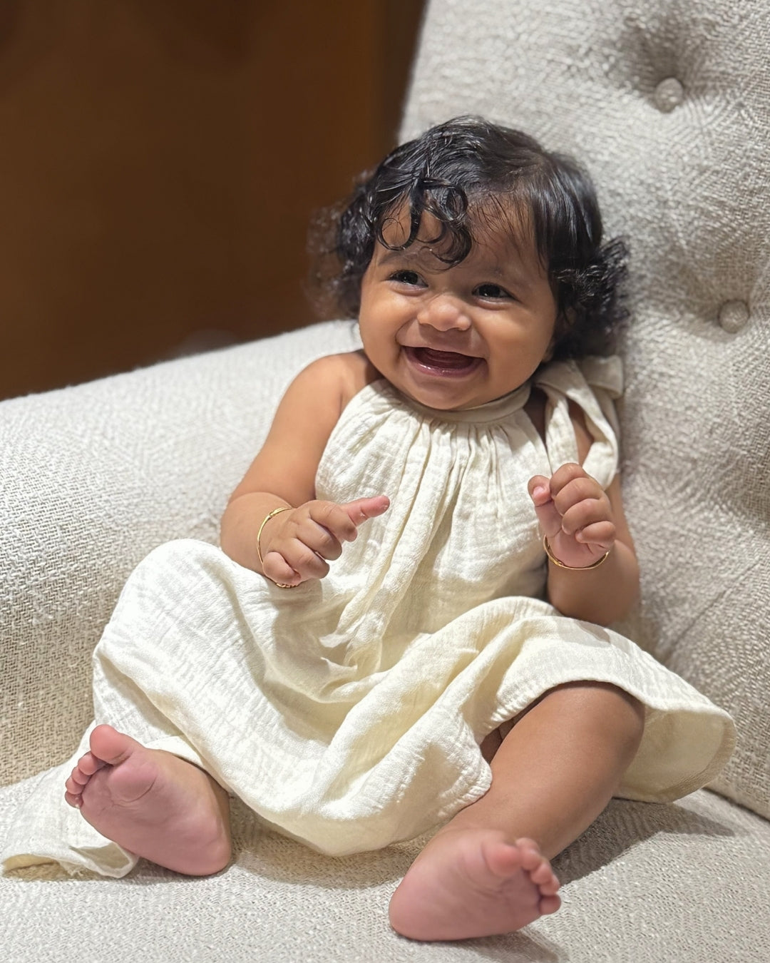 Off-White Halter Neck Newborn Dress