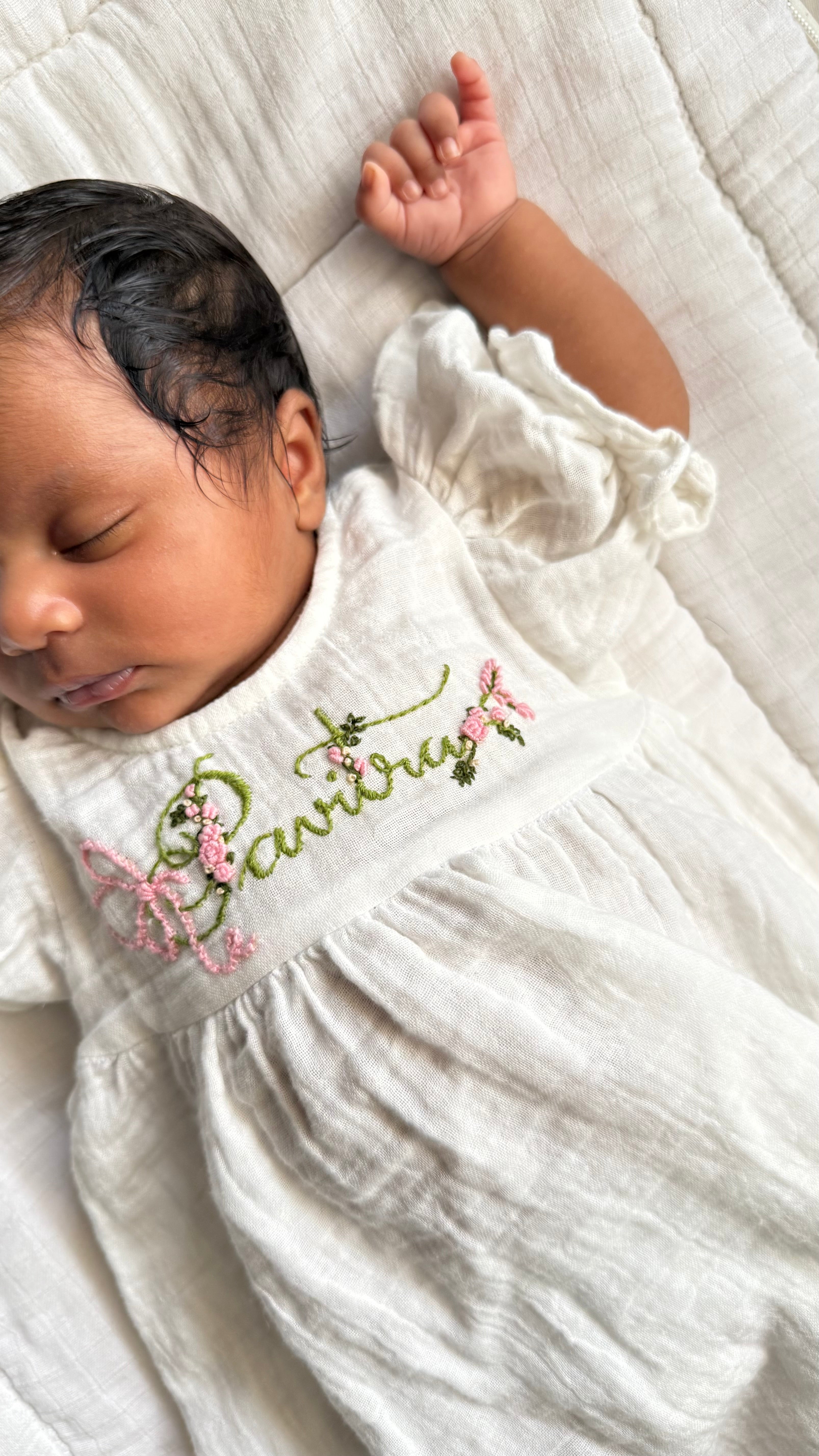 Classic White Hand-embroidered Custom Name Newborn Dress