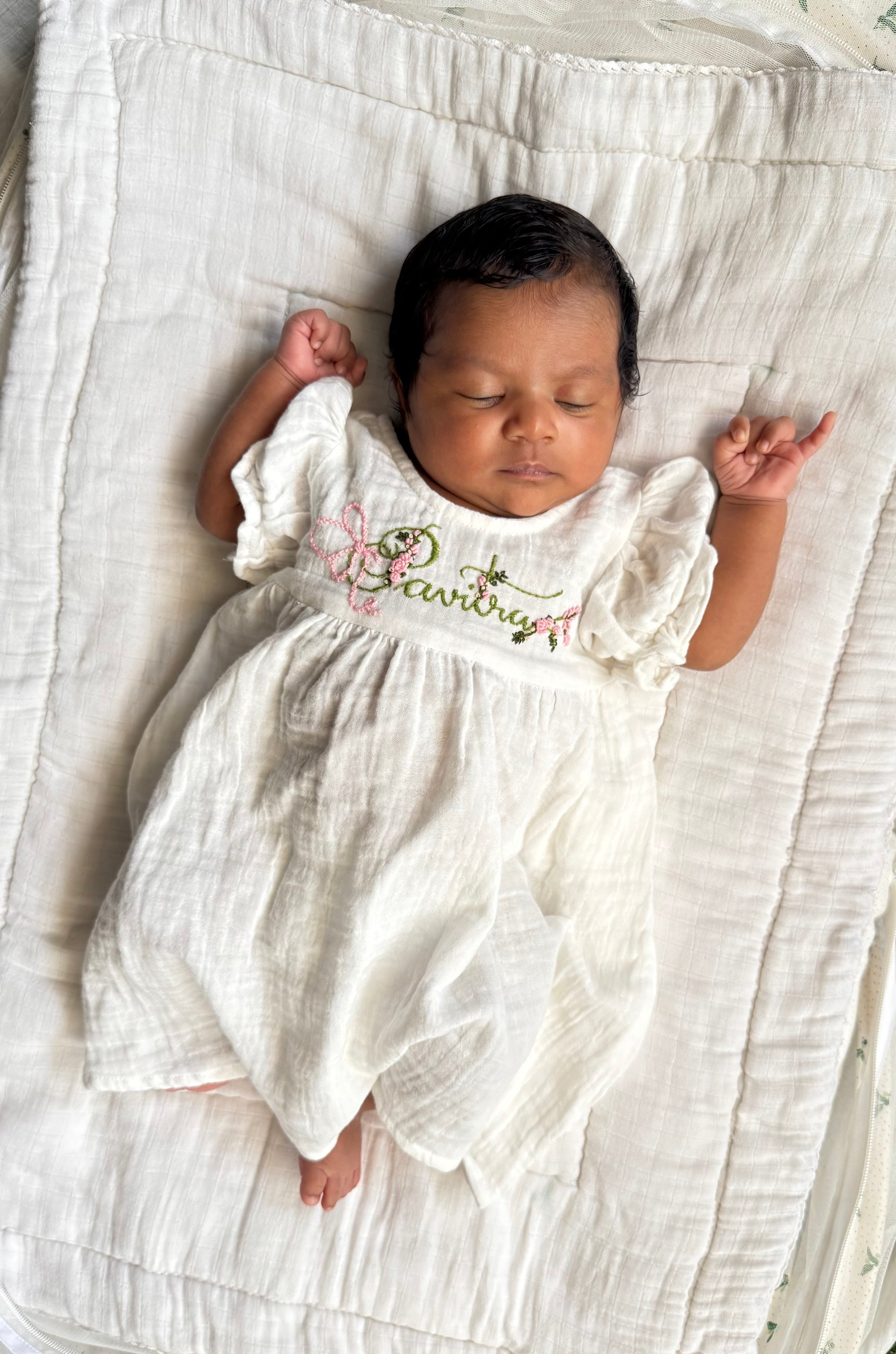 Classic White Hand-embroidered Custom Name Newborn Dress