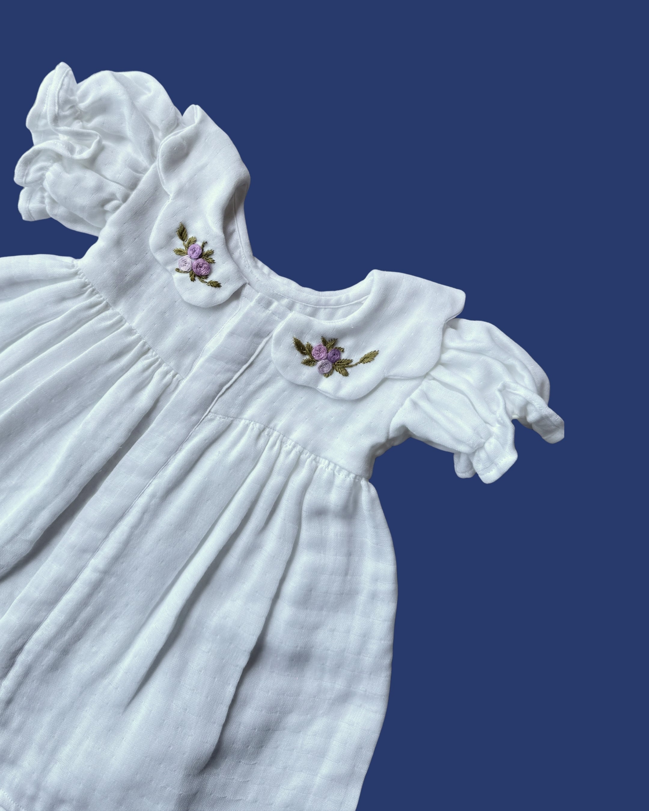 Floral Collar Hand-Embroidered Newborn Dress Style 1