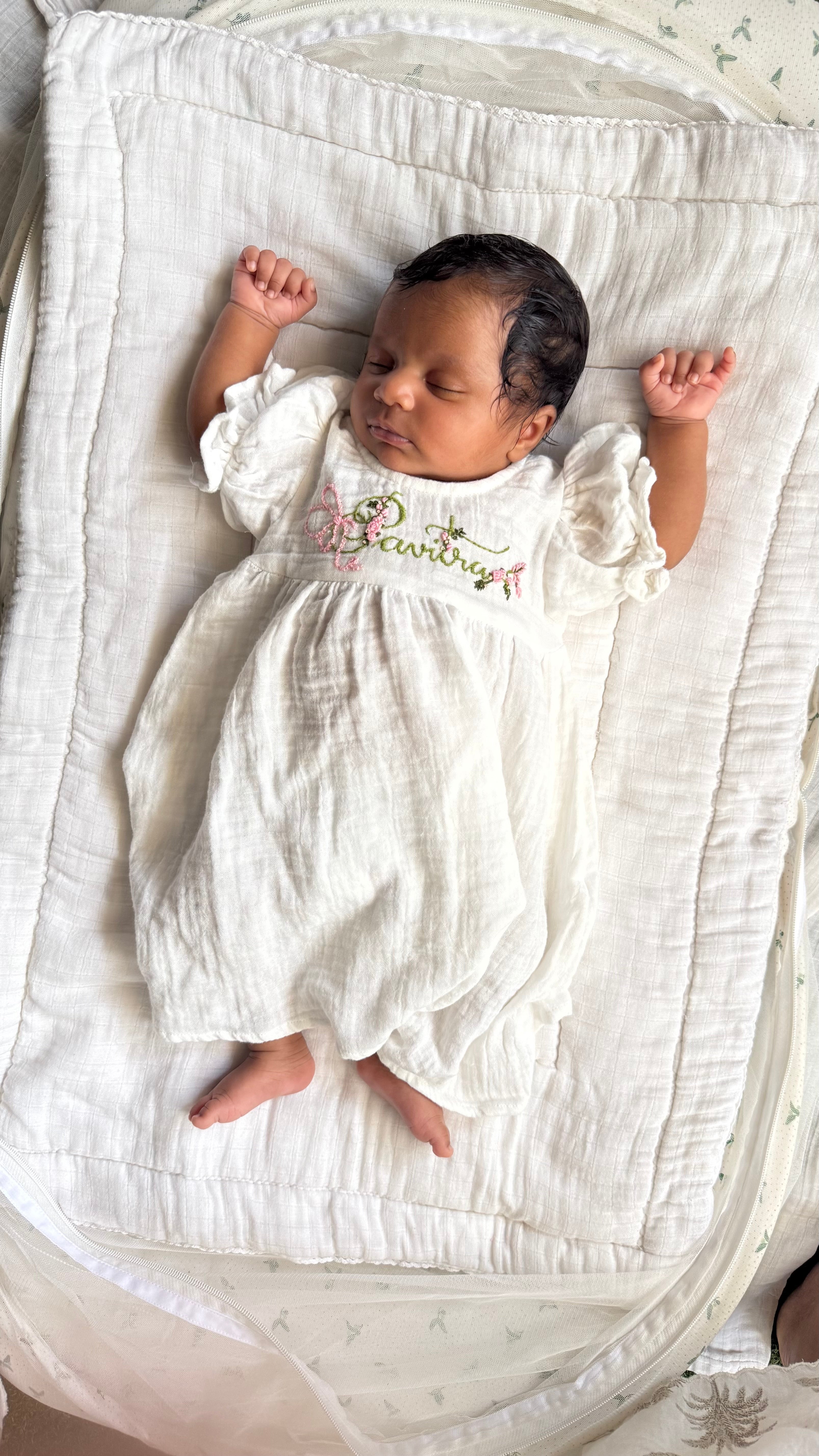 Classic White Hand-embroidered Custom Name Newborn Dress