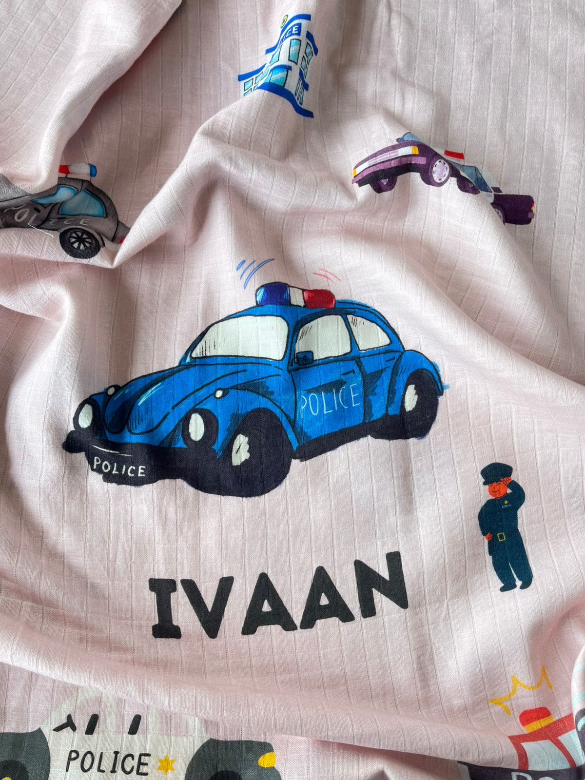 Police Car Ivaan Name Small Size Blanket