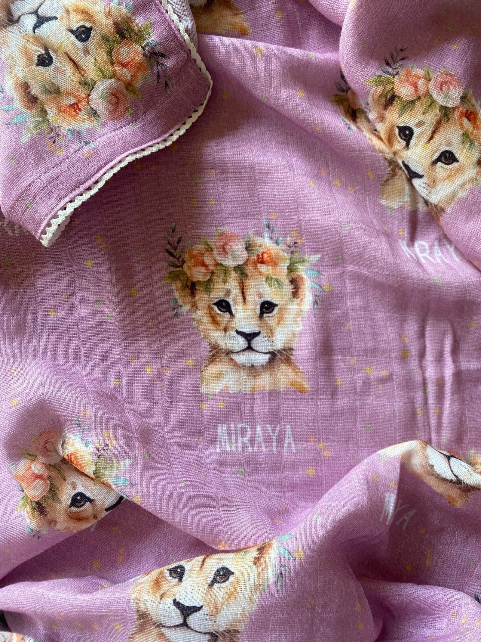 Lilac Flowery Lion Customised Swaddle